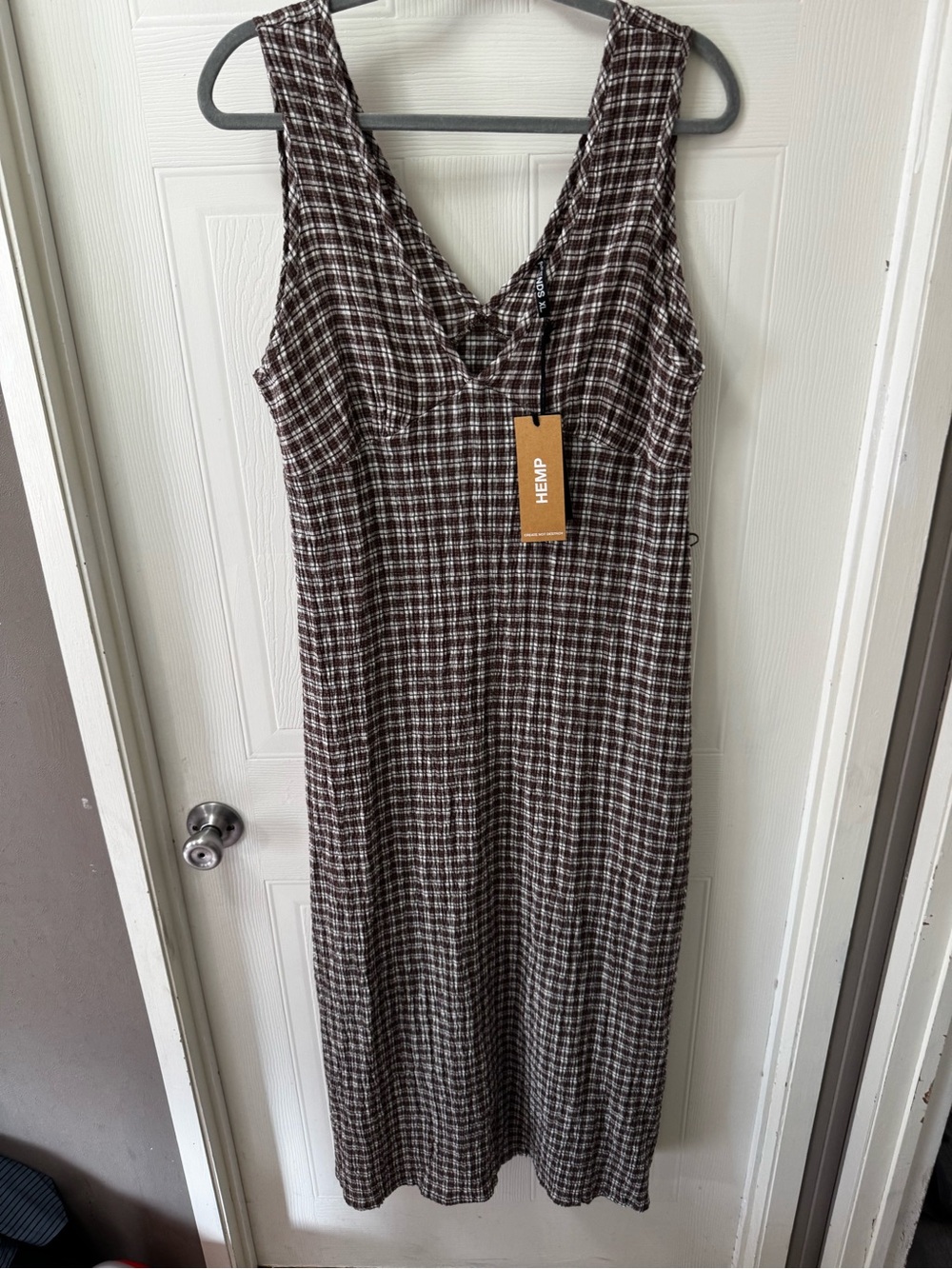 Afends Brown Plaid Sleeveless V-Neck Dress